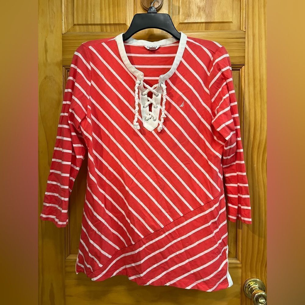 Nautica size L coral and white striped blouse with rope accent